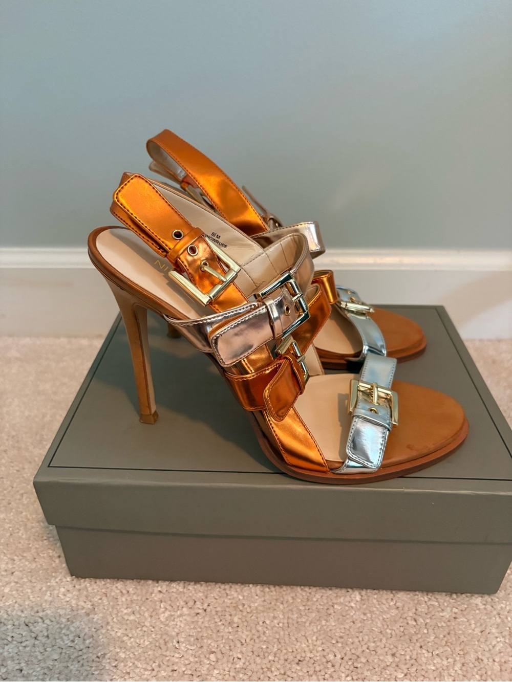 Nine West Metallic Copper and Silver Buckle Stiletto Sandals